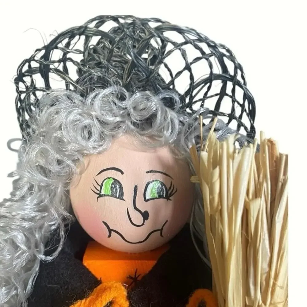 Vintage Handmade Wooden Hand Painted Halloween Witch Figure